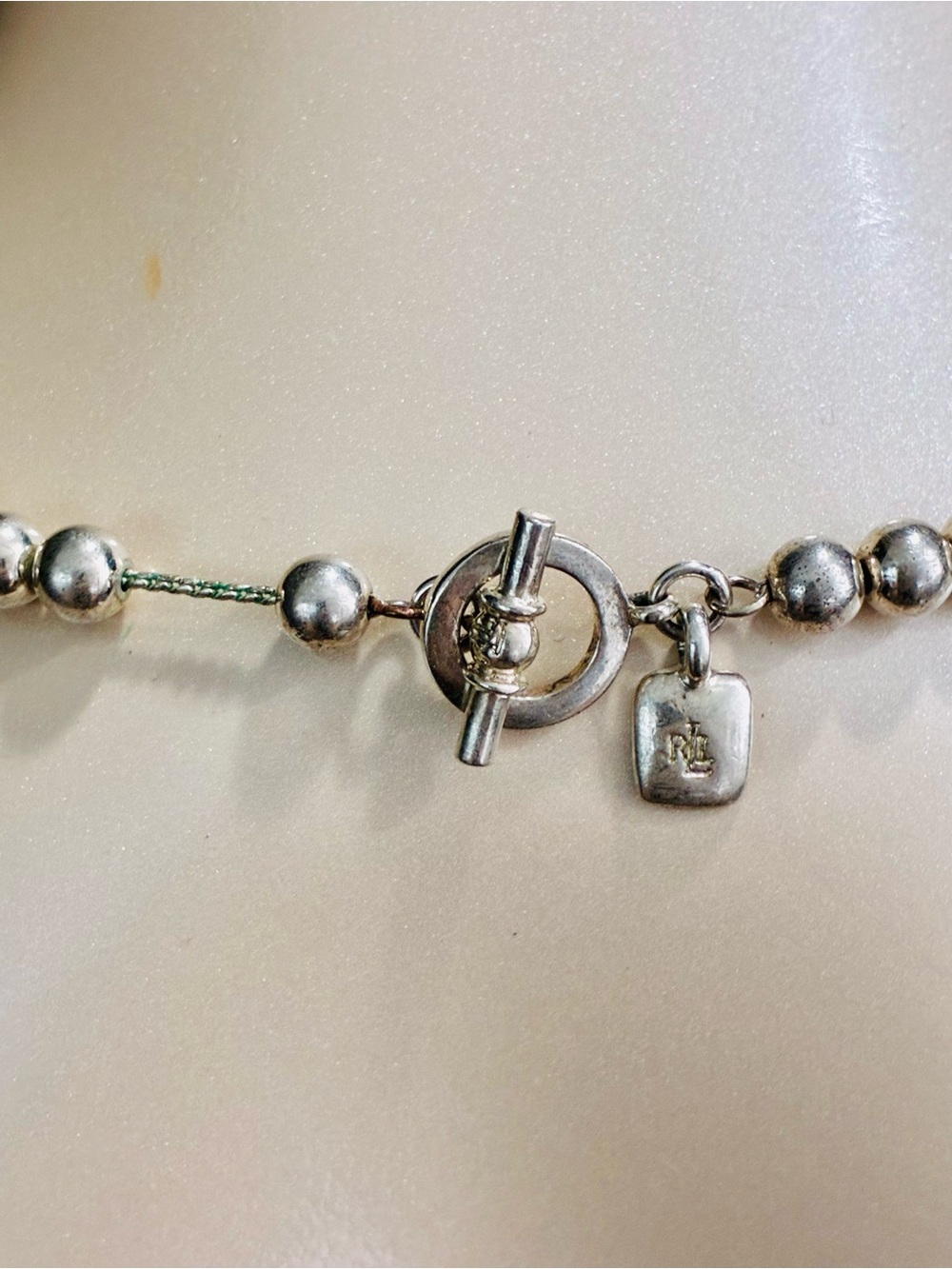 VTG Lauren Ralph Lauren Silver Plated Classic Beaded Toggle Necklace Signed 82g